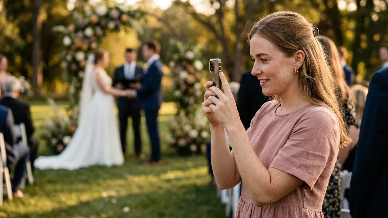A creator filming a couple on her iPhone — the job in one frame